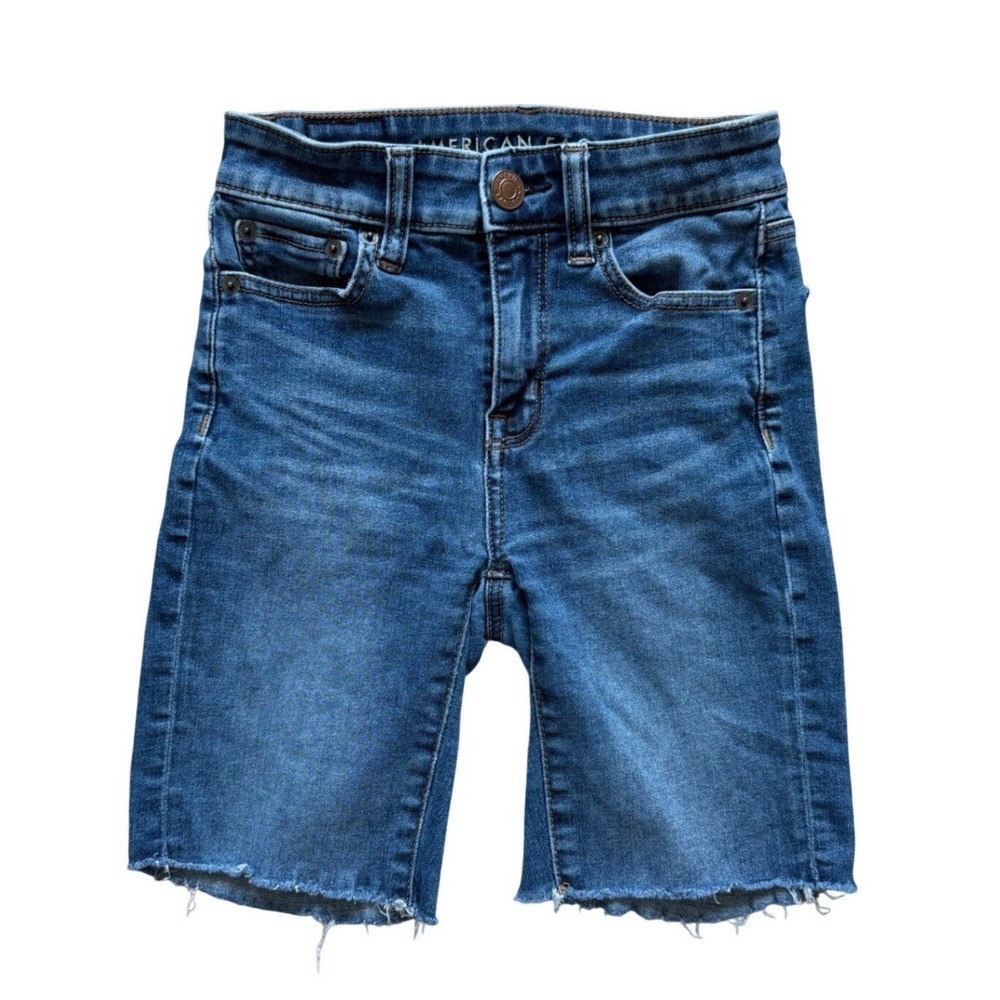 American Eagle Hi-Rise Skinny Bermuda Shorts Women 00 Blue Raw Hem Jean Stretch‎